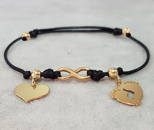 1028 BRANSOLETKA Z GRAWEREM złota na sznureczku infinity serce stópki