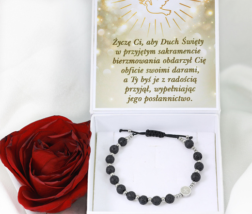 1627/5 bransoletka różaniec stal na sznureczku lawa wulkaniczna