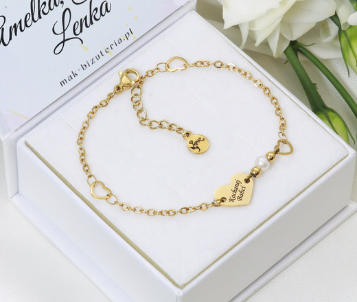 Zestaw Walentynkowy bransoletka z grawerem serce i perły 1898/4