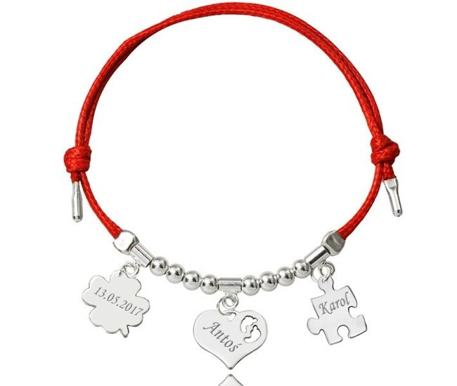 BR962 BRANSOLETKA Z GRAWEREM srebrna na sznurku serce, koniczynka, puzzel