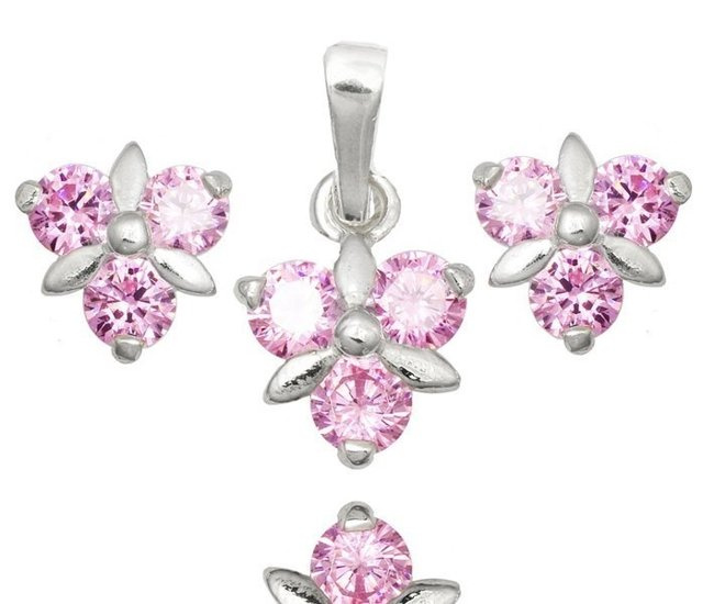 480/327  Komplet srebrny 925, kwiatuszki z cyrkonią różową kolczyki, wisiorek .