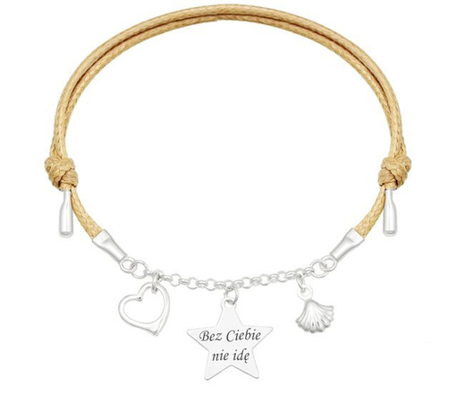 1151 bransoletka grawerowana srebrna na sznurku serce gwiazdka muszelka