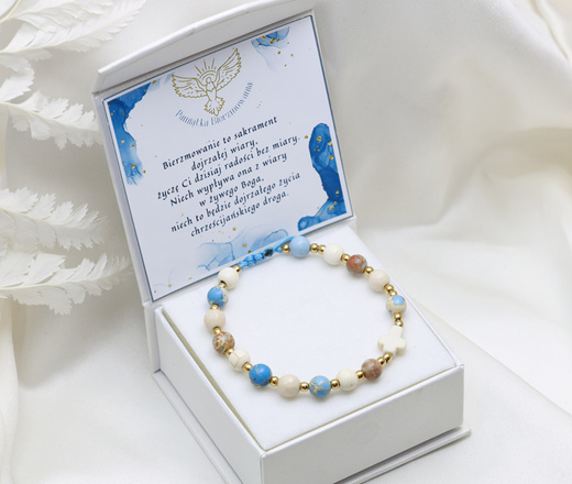 bransoletka różaniec stal złocona na sznureczku turkusowo kremowy 1877/15