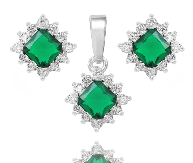 480/486  komplet srebrno 925 wisiorek z kolczykami i zielonymi cyrkoniami