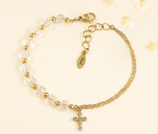 1571/18 bransoletka różaniec złota z kryształkami i krzyżem