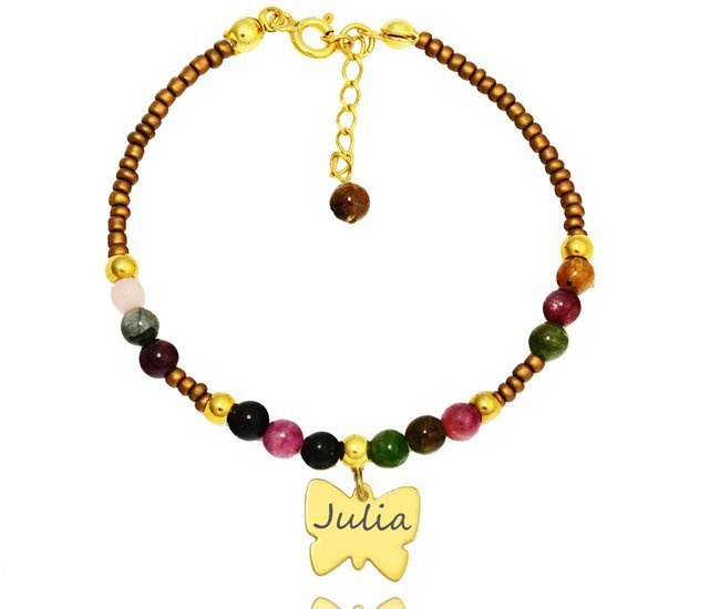 1098 bransoletka z grawerem pozłacane srebro 925 motyl turmalin