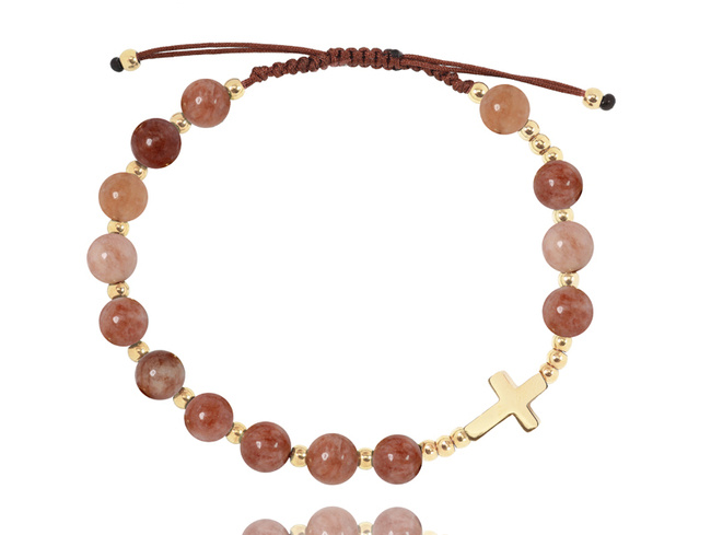 1627/8 bransoletka różaniec stal złocona na sznureczku  kamień słoneczny