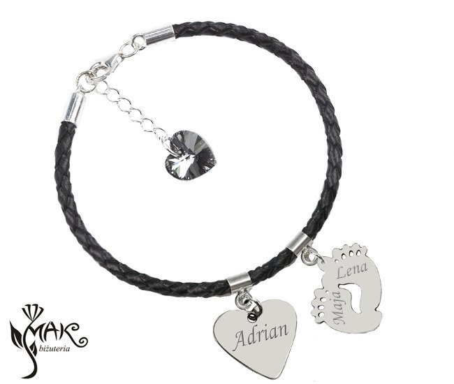 Br961 bransoletka grawer laser Stópki srebro 925 skóra