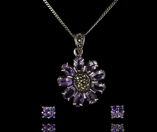 480/209 komplet srebrny fioletowy kwiatuszek