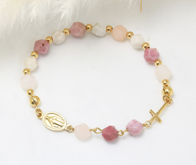 Bransoletka srebrna 925 pozłacana różaniec z pastelowy róż 1808/4