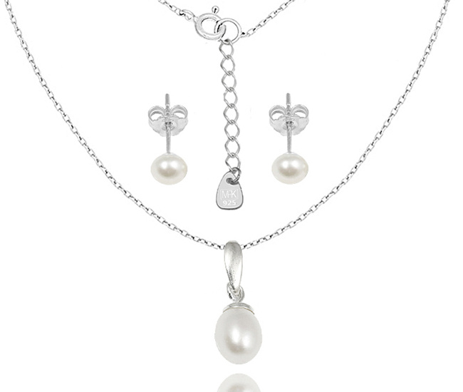 1548 komplet srebrny 925 - naszyjnik + sztyft perły małe 4 mm