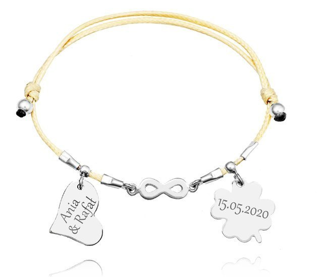 1165 bransoletka grawerowana srebrna na sznurku serce koniczynka