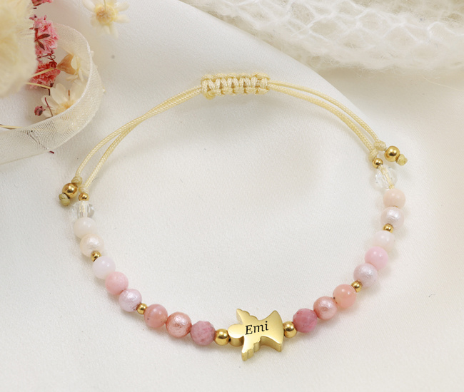 1780 różowa bransoletka pozłacana z grawerem i kamieniami naturalnymi Premium