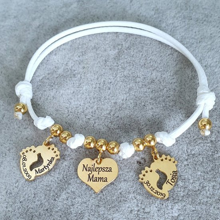 1058 BRANSOLETKA Z GRAWEREM złota na sznureczku serce stópki