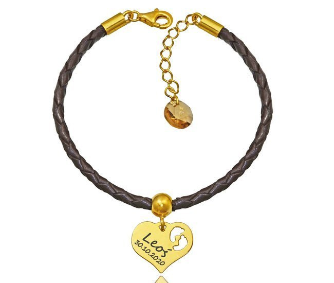 1228 bransoletka z grawerem skórzany rzemień srebro 925 pozłacane serce infinity