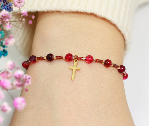 1631/4 bransoletka różaniec stal złocona z kamieniami naturalnymi