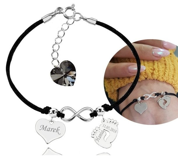 BR993 BRANSOLETKA Z GRAWEREM sznurek infinity Swarovski Elements serce