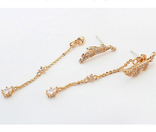 Kol 599/614 KOLCZYKI listki z cyrkoniami, do branka doczepiony łańcuszek z cyrkoniami, żółte złoto