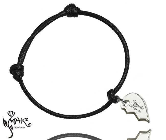 BR822 /7  BRANSOLETKA z grawerem na sznureczku połówka serca prawa