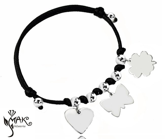 BR925 BRANSOLETKA Z GRAWEREM  na sznurku trzy zawieszki