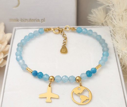 1734/6 niebieska bransoletka podróżnicza srebrna 925 pozłacana z grawerem i kamieniami naturalnymi