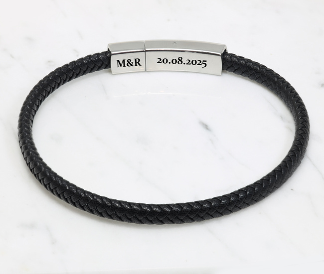 Bransoletka męska grawerowana czarna skóra 1858/4