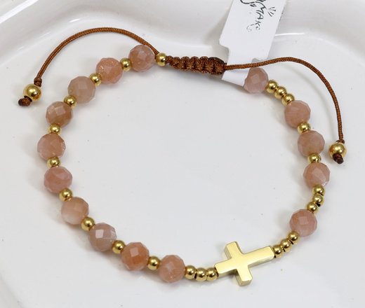 bransoletka różaniec stal złocona na sznureczku kamień słoneczny 1872/1