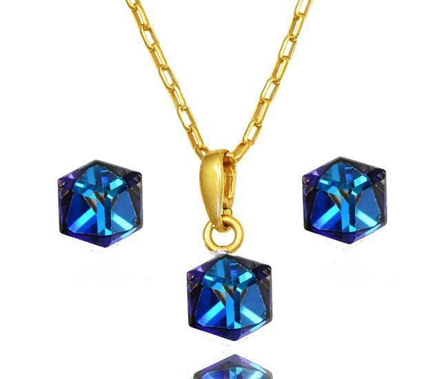1230 komplet Swarovski Elements srebro 925 pozłacane kostki niebieski bermuda blue