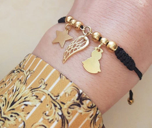 1026 BRANSOLETKA Z GRAWEREM złota sznurek ażurowe skrzydełko, gwiazdka, anioł