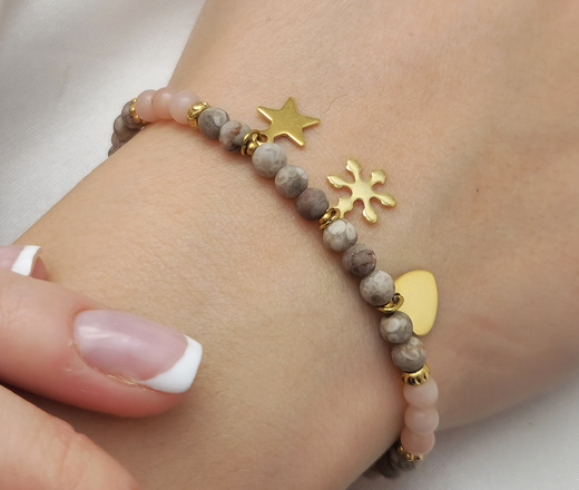 beżowo-różowa bransoletka pozłacana z grawerem i kamieniami naturalnymi Premium 1734/9