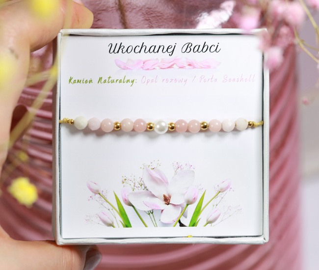 1746/3 różowa bransoletka z kamieniami naturalnymi i perełką dla babci zestaw
