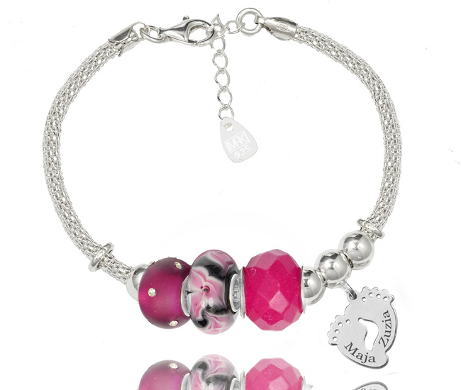 1305 bransoletka grawerowana stópki beads srebrna fuksja