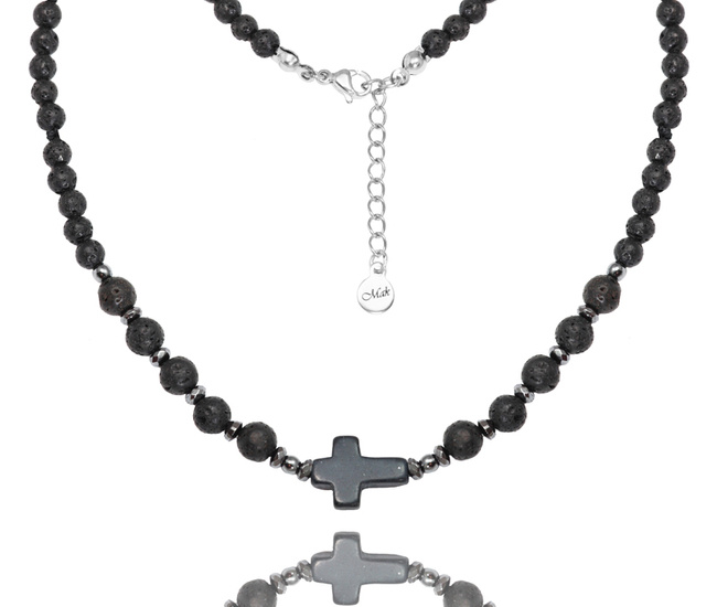 1722/6 naszyjnik z krzyżykiem męski kamienie wulkaniczne