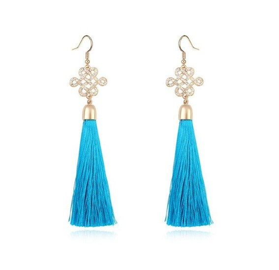 Kol 599/745 KOLCZYKI złote, niebieskie frędzle, chwosty