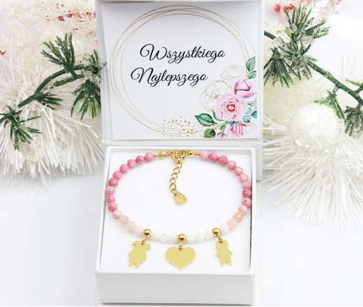 1734/1 różowa bransoletka srebrna 925 z grawerem i kamieniami naturalnymi