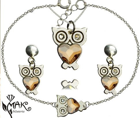 KPL719 Sowy Swarovski Elements KOMPLET kryształy + pudełko z grawerem