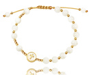 1571/15 bransoletka różaniec złota z grawerem na sznureczku z koralikami i krzyżem z masy perłowej
