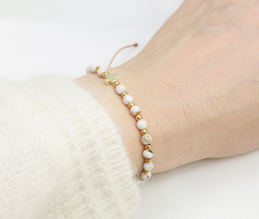 bransoletka różaniec kremowy stal złocona 1877/18