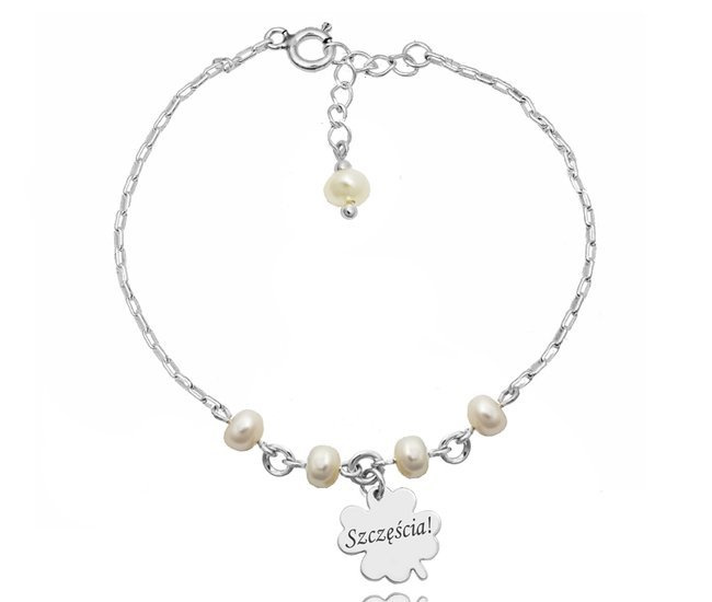 1258 bransoletka grawerowana perełki na łańcuszku z koniczynką