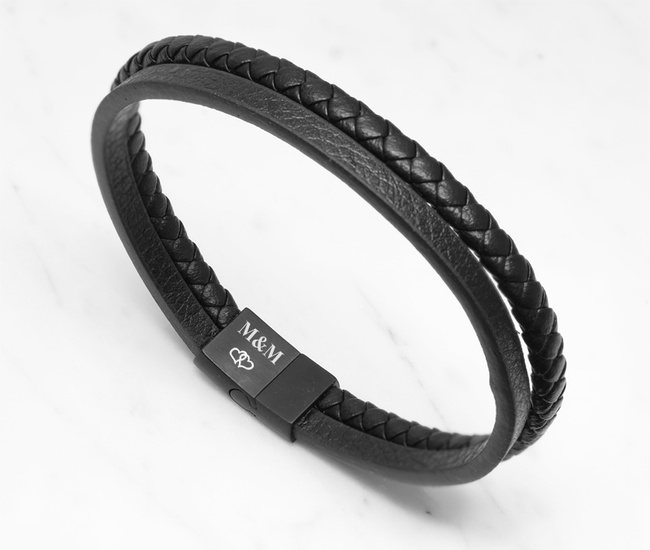 Bransoletka męska grawerowana czarna skóra 1858/5