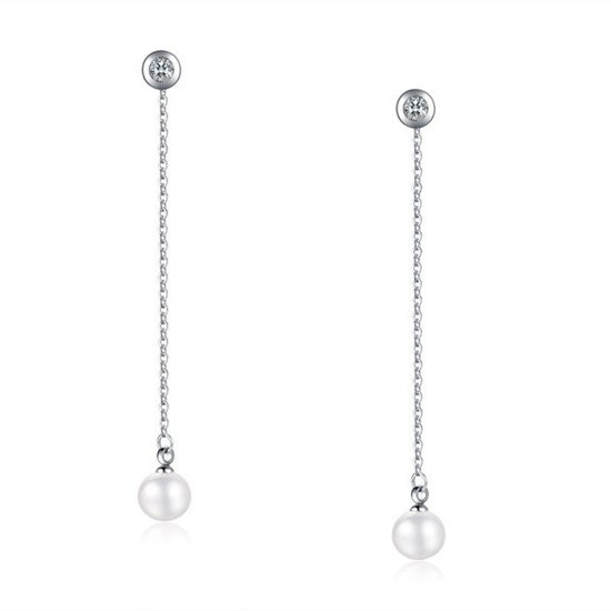 KOL599/691 KOLCZYKI ze stali, wiszące z perłą, sztyft, srebrne