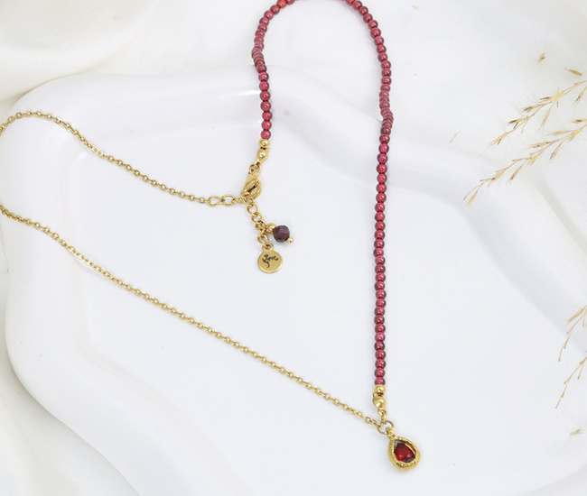 Naszyjnik granat z kryształkiem pozłacana stal 1886/3