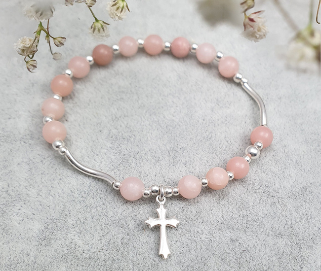 1571/7 bransoletka srebrna 925 różaniec z opalem różowym