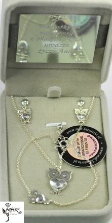 KPL719 Sowy Swarovski Elements KOMPLET kryształy + pudełko z grawerem