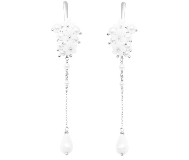 1663 kolczyki perły z kwiatami długie na ślub srebrne