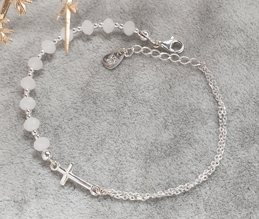 1571/22 bransoletka różaniec srebro 925 z kryształkami i krzyżem