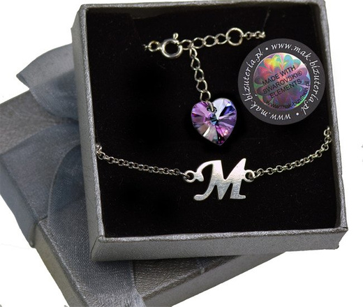 BR892 BRANSOLETKA dowolny inicjał literka Swarovski Elements serce
