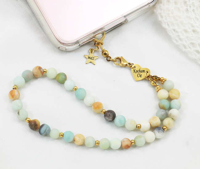 Smyczka do telefonu z grawerem 1761/4, kamienie naturalne miętowe amazonit