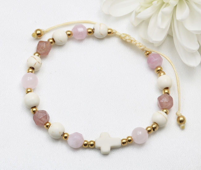 bransoletka różaniec stal złocona na sznureczku pastelowy róż 1877/11