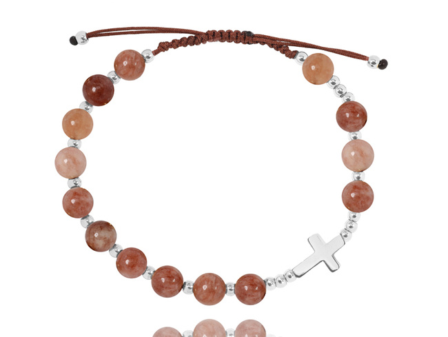 1627/8 bransoletka różaniec stal srebrna na sznureczku z kamień słoneczny